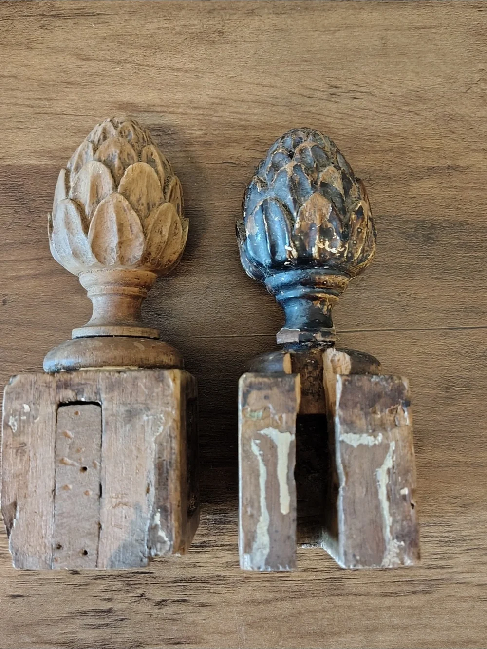 Antique Wood Staircase Finials Pair Carved Artichoke Newel Post Caps Salvage